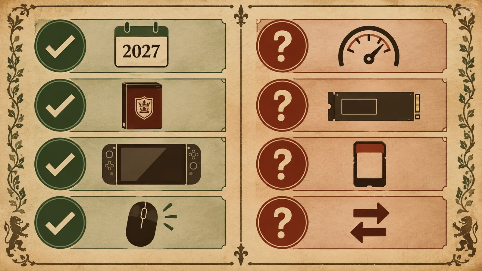KCD2 Switch 2 matrix separating confirmed release and feature facts from unknown performance and format details